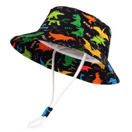 LANGZHEN Cotton Sun Protection Hat for Kids Toddler Boys Girls Wide Brim Summer Outdoor hat Baby Bucket Hat with Chin Strap(Black Bottomed Dinosaurs,M:1-2T)