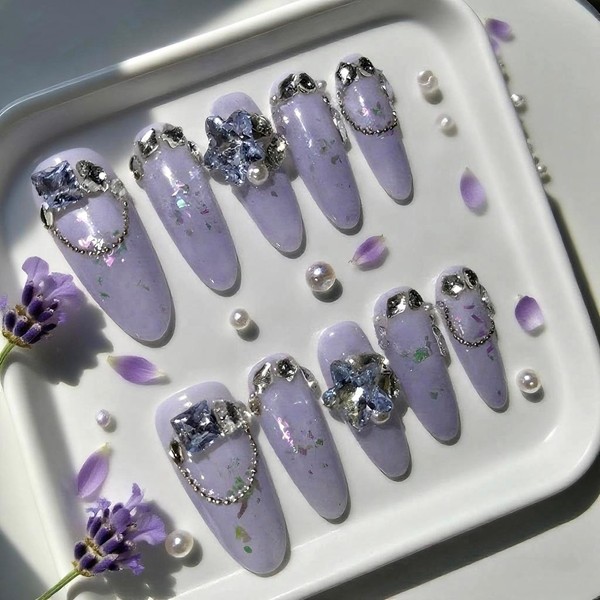 3D Handmade Press on Nails Almond Acrylic Fake Nails, Medium