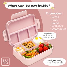 Bugucat Bento Lunch Box 1300ML with 16 Stickers - Leak-Proof with 4 Compartments, Cutlery for Kids and Adults - Snack Box for School, Kindergarten, Office,Pink