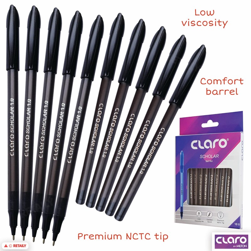 CLARO Scholar Ballpoint Pens, BLACK, Medium Point (1.0mm), Pack of