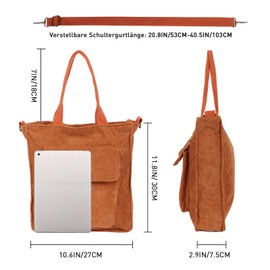 Minicloss Cord Bag Women's Shoulder Bag with Zip, Shopper Casual Tote Fabric Bag Handbag Shoulder Bags Casual Crossbody Bag Adjustable Shoulder Strap for Work Office Travel Shopping, brown