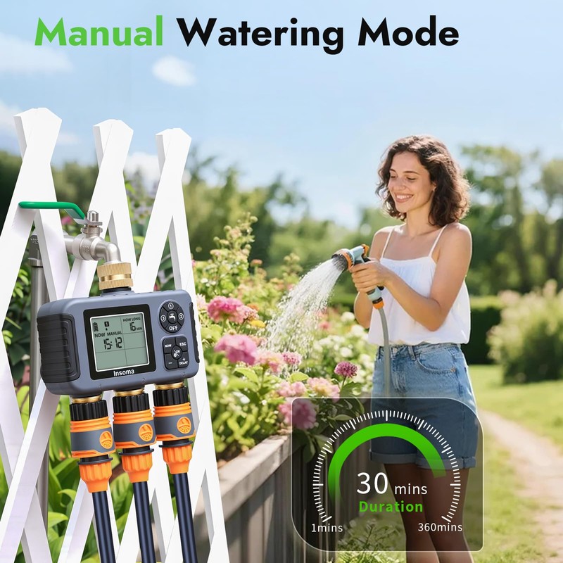 Insoma Water Timer with Brass Inlet, 3 Independent Zones Outdoor