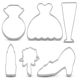 LILIAO Wedding Cookie Cutter Set, 6-pc, Rose, Wedding Dress, Dimond Ring, High Heel Shoe, Lipstick and Champagne Glass, Stainless Steel