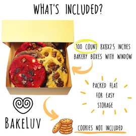 BAKELUV 100 Pack 8x8x2.5 Inch Brown Bakery Boxes with Window | Cookie Boxes, Pastry, Desserts, Treats, Food, Cardboard Takeaway/Takeout Containers | Kraft