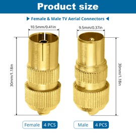 VooGenzek 4 Sets Coaxial Connector Antenna Plug, Female & Male TV Antenna Cable Adapter F ​Sat Antenna Plug, Gold