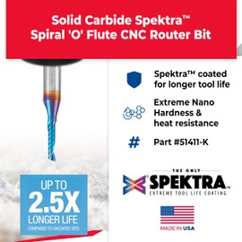 Amana Tool Spektra Coated Solid Carbide CNC Spiral Single O-Flute Router Bit, 51411-K, 1/8 D x 1/2 CH x 1/4 SHK x 2 Inch L Up-Cut with Mirror Finish