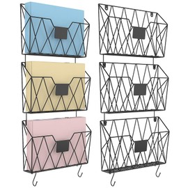YBING Wall File Organizer Mesh Hanging Wall Files Holder 6 Pack Hanging Wire Magazine Rack and Mail Holder with Hooks Office Wall Organizer for Papers Folders Files Clipboard Black