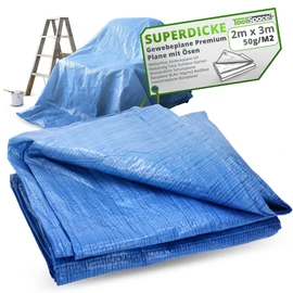 ToolSpace SUPERDICKE Fabric Tarpaulin Premium Tarpaulin with Eyelets 2 x 3 m Weatherproof Tarpaulin UV Resistant Tarp Outdoor Garden Waterproof Protective Tarpaulin Construction Tarpaulin Blue 50 g/m²