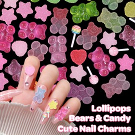 CESUSME CESUSME 100 Pcs Candy Bear Nail Charms for Nail Design, 3D Mixed Color Cartoon Gummy Bear Lollipop Star Heart Acrylic Nail Art Decoration Charms for Cute Manicure DIY Crafts Accessories