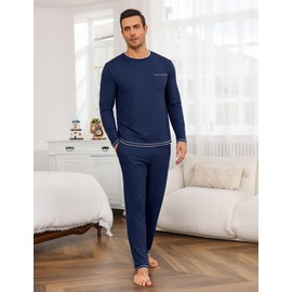 Demegimi Men's Pyjamas Long Pyjamas Cotton Winter Two Piece Pyjamas Set Men, darkblue, L