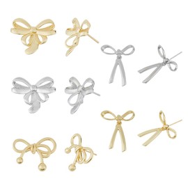 Hobbspring 5 Pairs of Bow Earrings in Gold and Silver for Women 5 Styles Dainty Stud Earrings with Bow and Knot Cute Earrings Set with Bow for Wedding Christmas Banquet, Brass