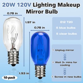 Stitokg 10-Pack 120V Lighting Makeup Mirror Bulb - E12 Candelabra Base T20 Light Bulbs, 5 Clear & 5 Blue Bulbs Included - Ideal Replacement LED Bulbs for Lighted Makeup Mirror