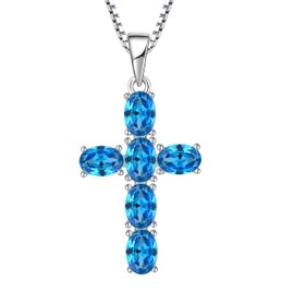 Aprila Women Necklace 925 Sterling Silver Cross Pendant Necklace with Cubic Zirconia March Birthstone Aquamarine Color Jewelry