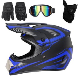 Motocross Helmet Full Face Motorcycle Helmet Men Children Youth Adult Motorcycle Downhill Full Face Helmet Professional Helmets with Goggles Gloves Face Protection (Blue S)
