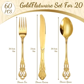 Dandat 60 Pieces Retro Royal Gold Silverware Set Gorgeous Stainless Steel Flatware Cutlery Service Include Fork Spoon Knife Vintage Hollow Relief Design for Home, Restaurant, Festival Parties (Large)