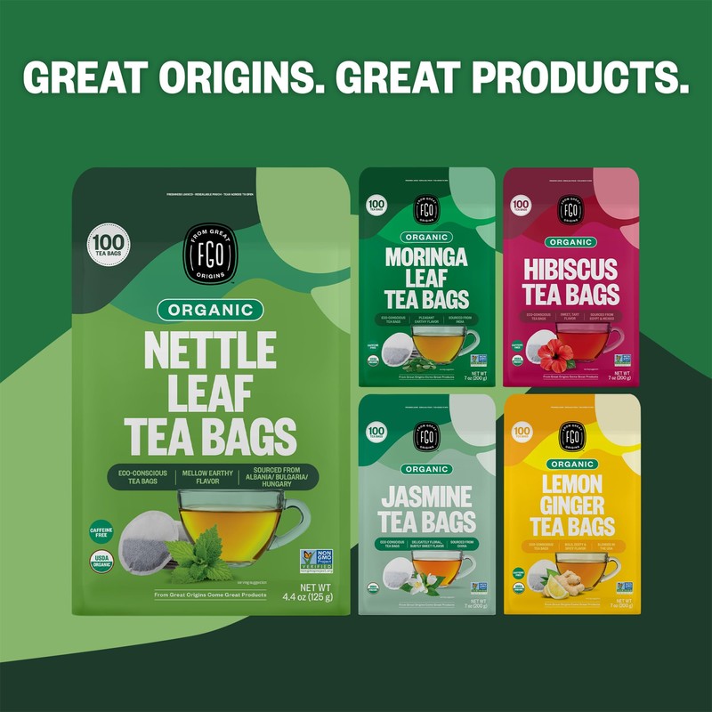 FGO Organic Nettle Leaf Tea, 100 Count, Eco-Conscious Tea Bags,