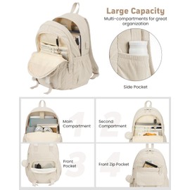 School Backpack for Teens, Large Corduroy Bookbag Cute 15.6 Inch Laptop Bag for Girls Women Lightweight Aesthetic High School College Back Pack for Student Nurse, Beige