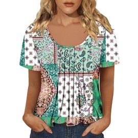 onlypuff Womens Short Sleeve Round Neck Tops Pleated Button Down Blouse Dressy Flowy Henley T-Shirts