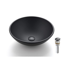 Fanwin Star Phoenix Series Round Tempered Deco Glass Vessel Bathroom Sink in Black Matt | Top Mount Sinks Above Countertop | Vanity Countertop Sink Bowl with Pop Up Drain | FW-LA630