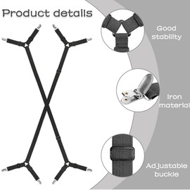 2PCS Adjustable Bed Sheet Clips - Bed Sheet Straps Triangular Design,Nickel-Sheet Clips for Bedding, fitted sheet clips Black - Keep Your Sheet Flat & Wrinkle-Free