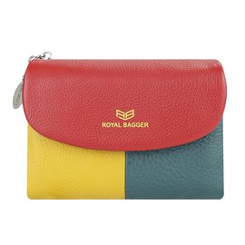 Royal Bagger Color Block RFID Short Wallet Genuine Leather Multi Card Slot Card Holder Trifold Wallet Magnetic Opening 205 3, Red