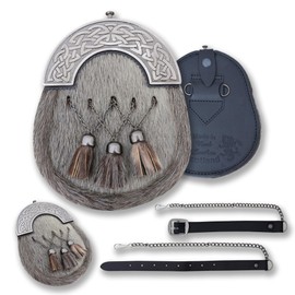 Premium Men's Celtic Cantle Sporran – Brown Cross Tassels, Genuine Leather Full Dress Kilt Accessory