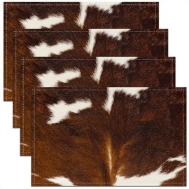 4 Pcs of Cowhide Fur Placemats 12X18 Kids Brown White Cow Hair Place Mats Cow Print Table Mats Women Men Rustic Cow Skin Farmhouse Animal Lumbar Placemats for Dining Table
