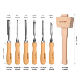 HAUTMEC 7-Piece Wood Chisel Set with Wooden Mallet, CR-V Steel Beveled Gouge Tools with Beech Handles and Storage Box, Wood Carving Kit for Woodworking & DIY - HT0393