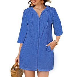 Bsubseach Terry Cloth Swim Coverup - Women Long Sleeve Hooded Swimsuit Coverup Zipper Beach Coverups Robes with Pockets Blue XL