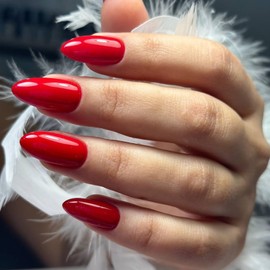 Red False Nails - 24pcs Almond Press on Nails - Medium Fake Nails with Glue - Oval French Tip False nails - Burgundy Solid Color Stick on Nail - Full Cover Acrylic Nail Glue 12 Sizes