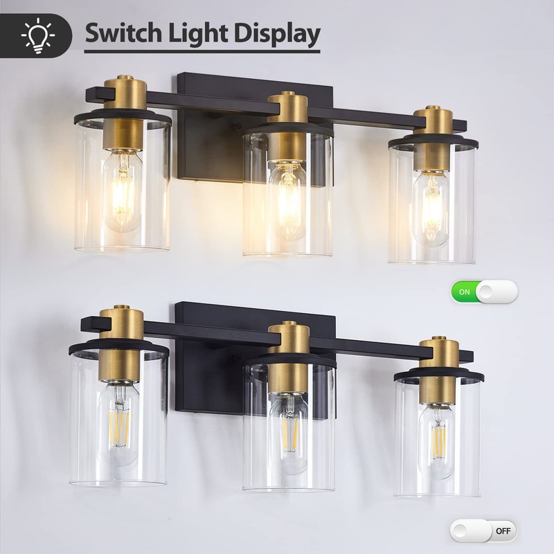 stambord 3 Light Bathroom Vanity Light, Black and Gold Light