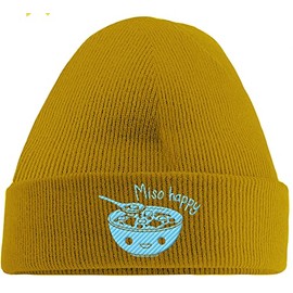 Hippowarehouse Miso Happy Embroidered Beanie Hat Yellow with Baby Blue Stitch
