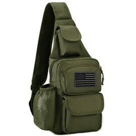 Protector Plus Tactical Sling Bag Military MOLLE Crossbody Pack Chest Shoulder Backpack with Water Bottle Holder Pouch EDC Diaper Motorcycle Daypack (Patch Included), Army Green