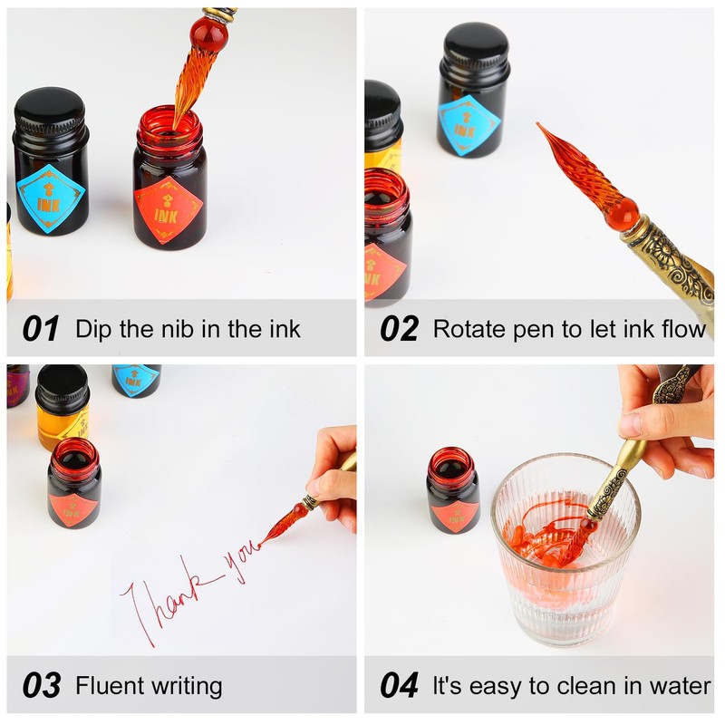 GC QUILL Feather Glass Dip Pen and Ink Set, Glass