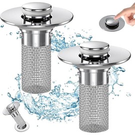 2-Pack Pop-Up Bathroom Sink Drain Strainer with Removable Stainless Steel Filter Basket - Universal Sink Stopper for Bathroom & Kitchen Basins:_1count