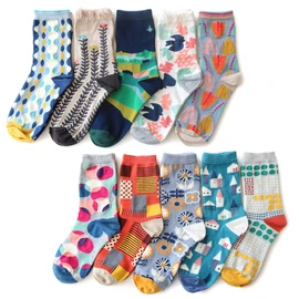 box408 Women's Socks, Colorful Color, Scandinavian Design, High Crew Length, 10 Pair Set, Women's Socks, 8.7 - 9.4 inches (22 - 24 cm), Grey, Yellow, Red, Green, Blue, Pink, Green, Orange, Navy, Beige