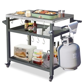 Domi 3-Shelf Outdoor Grill Table, Grill Cart Outdoor with Wheels, Pizza Oven and Food Prep Table, Blackstone Table with Stainless Steel Tabletop, Grill Stand for Blackstone Griddle for Outside BBQ
