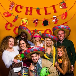 Chili Cook Off Decorations Set, Glitter Chili Cook Off Banner Garland - NO-DIY Party Decorations for Chili Contest Tasting, Indoor/Outdoor Celebrations, Office Decor