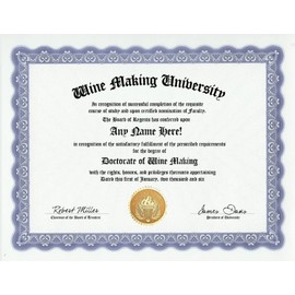Winemaking Winemaker Degree: Custom Gag Diploma Wine Making Wine Maker Doctorate Certificate (Funny Customized Joke Gift - Novelty Item)