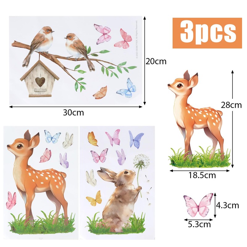 3 Sheets Spring Summer Window Stickers Rabbit Sika Deer Animals