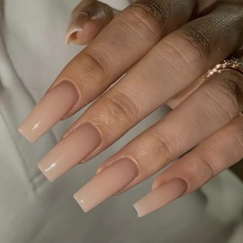 IMSOHOT Long Press Nude Square Shaped Glossy Glue on Nails - Natural Full Cover Acrylic False Nails - 24pcs