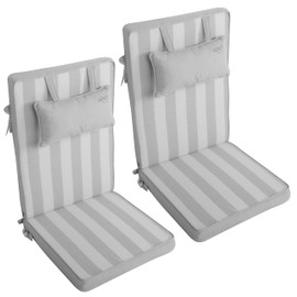 LILENO HOME Garden Chair Cushions with Pillow [Set of 2 - High-Back] in Block Stripes Grey - Seat Cushions for Garden Furniture - Chair Cushion for Garden Chairs and Folding Chairs Dub