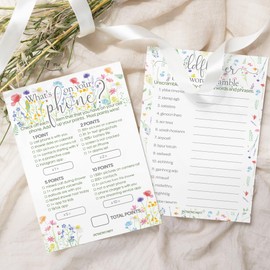 DISTINCTIVS Little Wildflower Girl Baby Shower Party Games - What's On Your Phone and Word Scramble (2 Game Bundle) - 20 Dual Sided Cards - Baby in Bloom Party Supplies