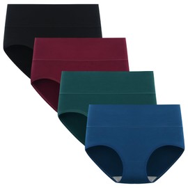 POPKOK Womens Underwear Cotton Briefs High Waisted Postpartum Plus Size Panties 4 Pack(3X-Large, Black/Wine/Green/Navy)