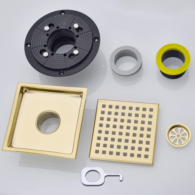 SEABEFORE Shower Drain 6 Inch Brushed Gold,Stainless Square Shower Floor