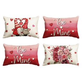 AVOIN colorlife Valentine's Day Hugs and Kisses Dwarf Throw Pillow Covers, 12 x 20 Inch Be Mine Rose Bouquet Anniversary Wedding Cushion Case Decoration for Sofa Couch Set of 4