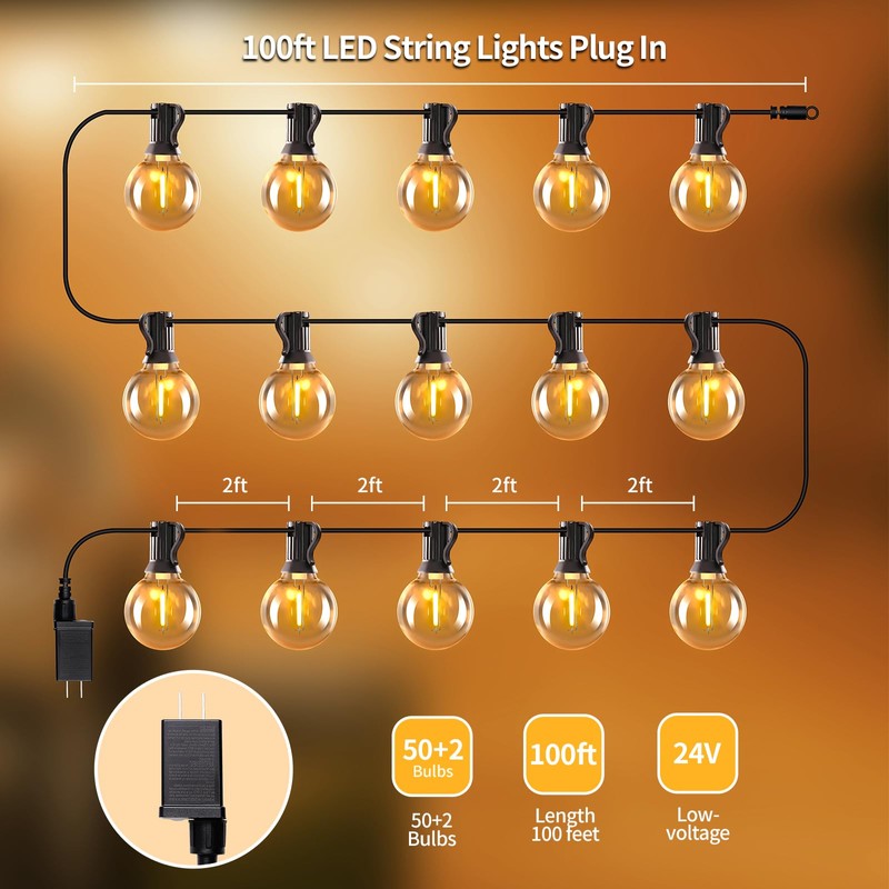 SANBEN 100ft String Lights with Remote, 50+2 LED Bulbs Dimmable