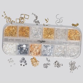 Mylee Crown Jewels Nail Art Kit, 12-Piece Set + 5 in 1 Clear Builder Gel, Silver & Gold Decorations, Metal Rhinestones Studs, for Gel, Acrylic, & Natural Nails, Curving Tool, Professional & Beginner