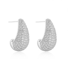MALOYANVE Chunky Teardrop Hoop Earrings for Women Elegant Sparkly Rhinestone Cubic Zirconia Lightweight Water Drop Stud Earrings Wedding Bridal Valentine's Day Jewelry (Silver)