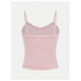 SOLY HUX Girl's Sleeveless Lace Trim Camisoles Spaghetti Strap Ribbed Crop Tank Tops Plain Light Pink 10-11Y